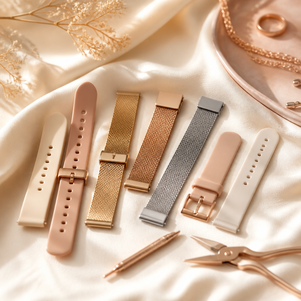 A top-down view of a stylish watch band and adjustment tools on a soft blush-coloured fabric.