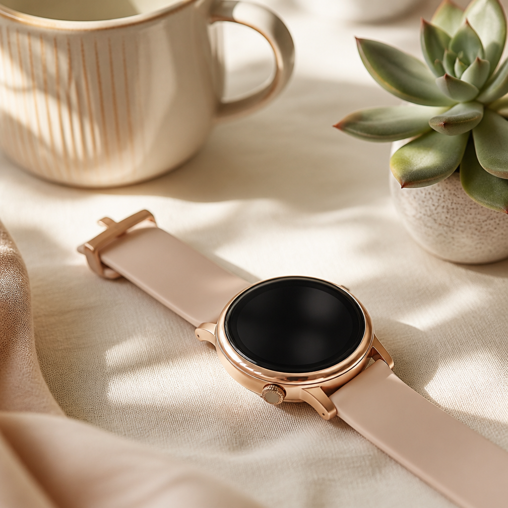 A stylish smartwatch with a floral strap resting on a wooden bedside table next to a cup of tea.