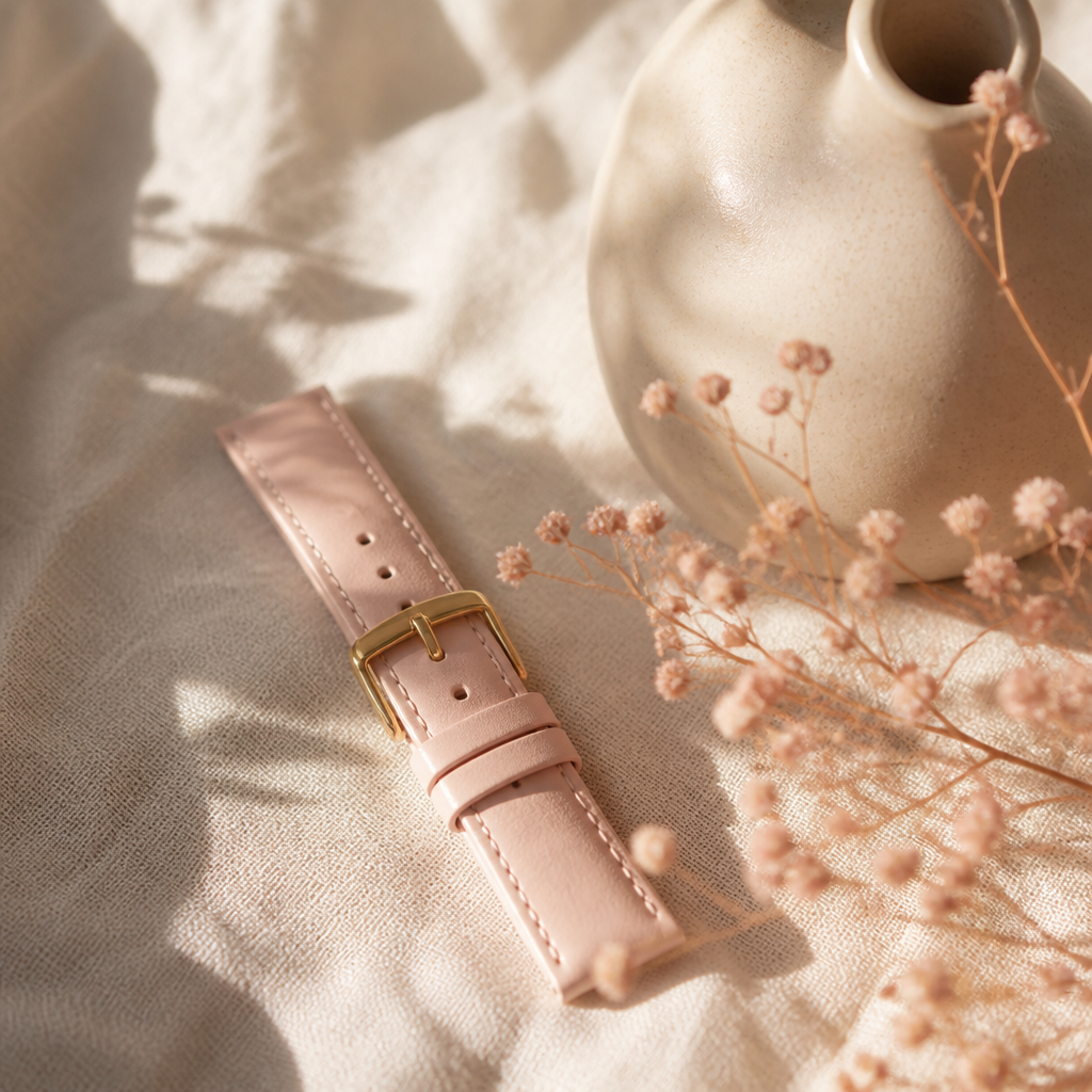 A stylish Radley London watch strap resting on a wooden bedside table alongside a smartphone in a neutral-toned room.