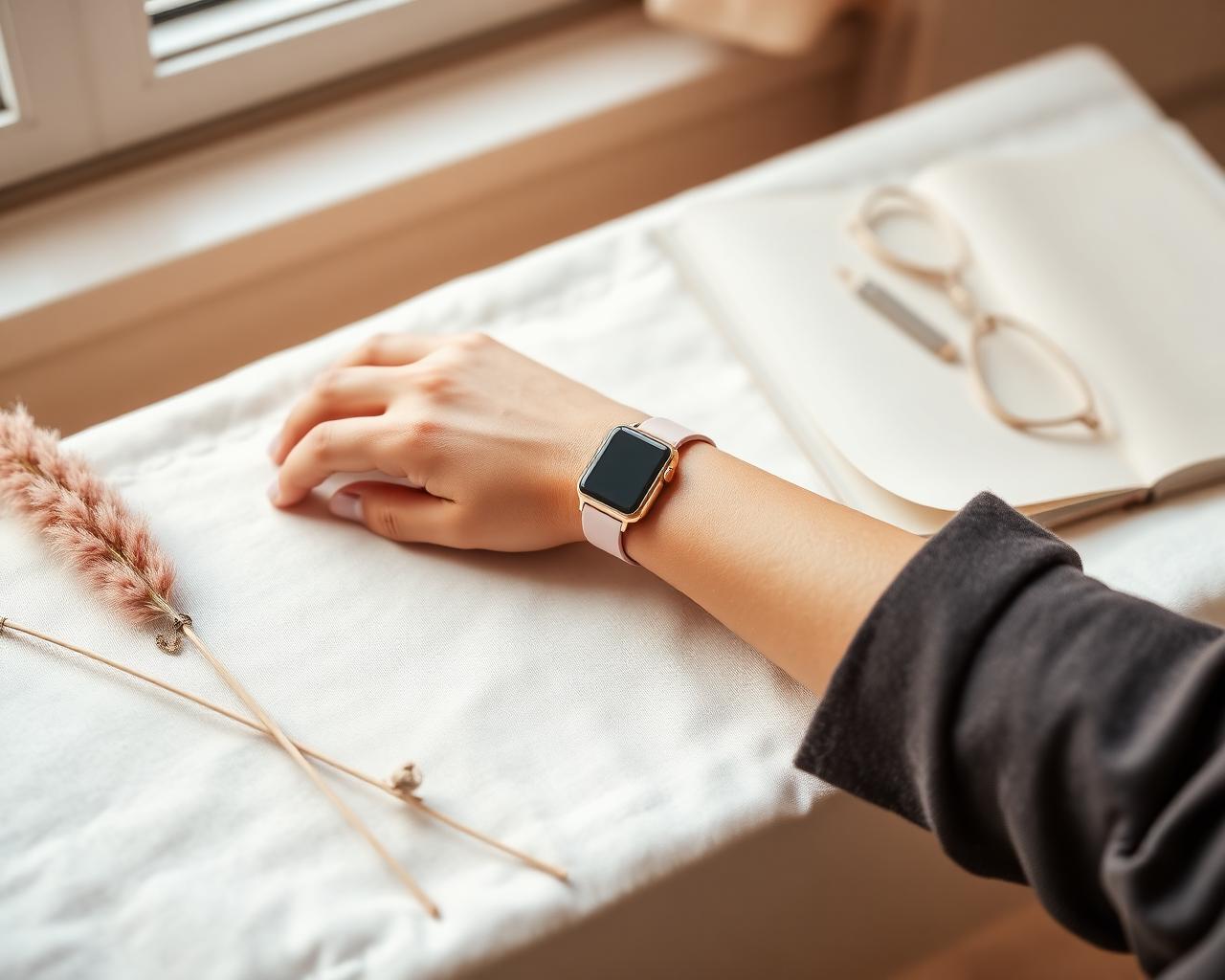 A woman's wrist wearing a rose-gold smartwatch with a soft pink strap, resting on a cream linen surface in warm window light.